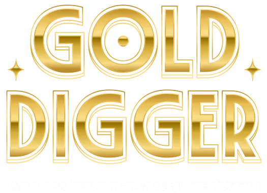 Shiny gold text reading 'GOLD DIGGER' with decorative stars on each side. Underneath the claim 'Wer das Gold hat,  macht die Regeln'
