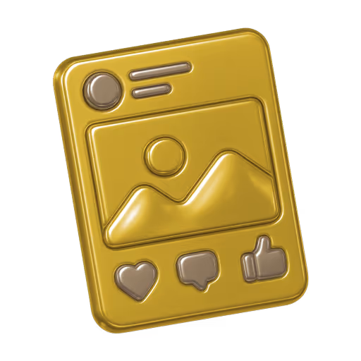 Gold 3D icon of a social media post with image placeholder, profile symbol, and like, comment, and heart icons.